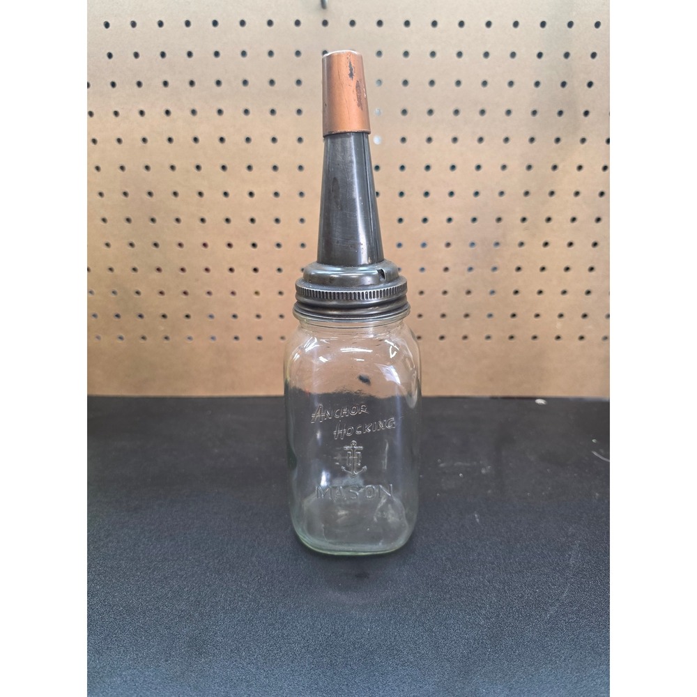 Vintage Anchor Hocking Mason Jar Oil Can Glass Bottle with Metal Spout Oiler